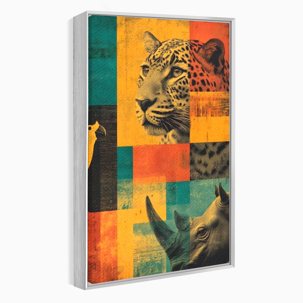 Tablou canvas cu tablou vertical cu leopard si rinocer, in rama de aluminiu argintiu